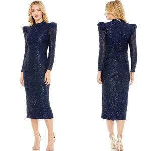 NWT Leena Mac Duggal 42020 High Neckline Long Sleeve Sequin Midi Dress.